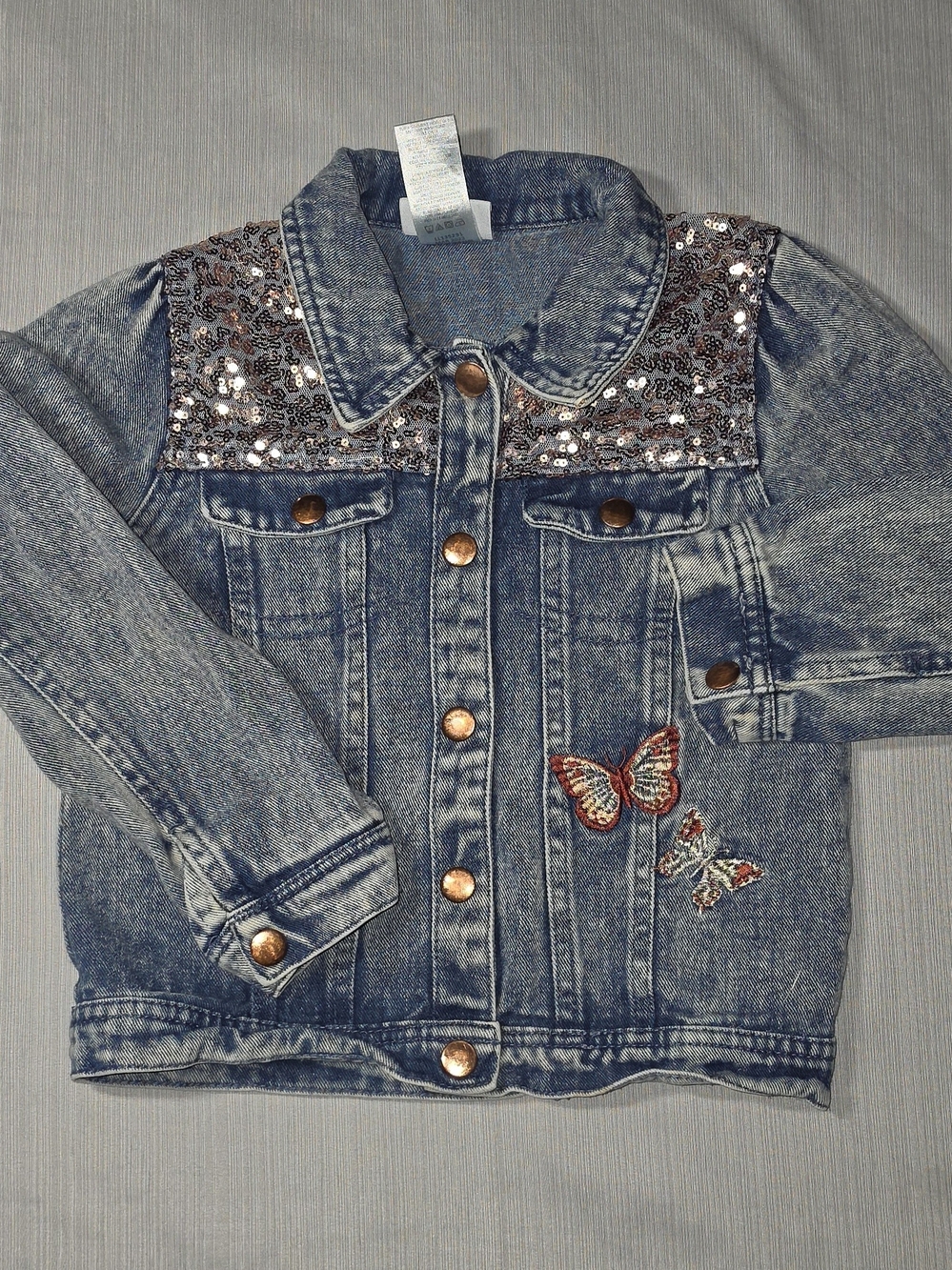 Little Lass Blue Denim Jacket with Sequin Yoke & Butterfly Patches